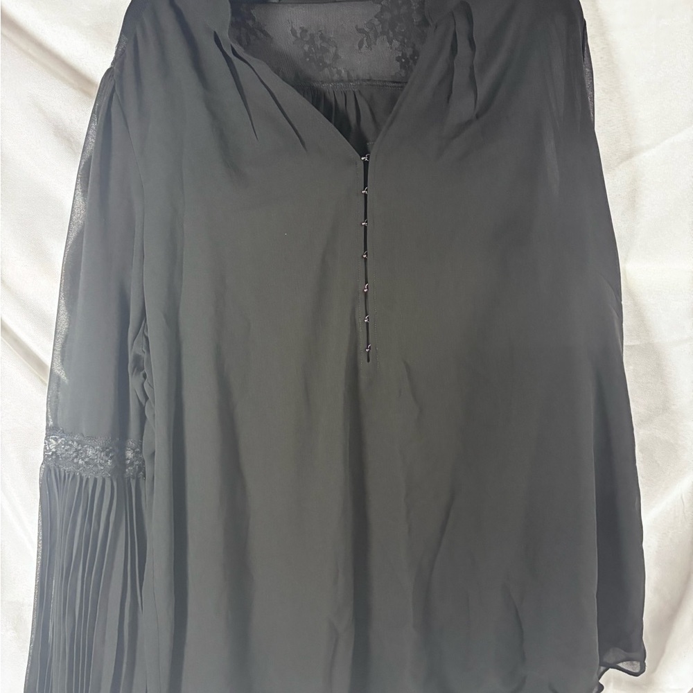 White House Black Market Elegant Black Blouse with Lace and Pleats